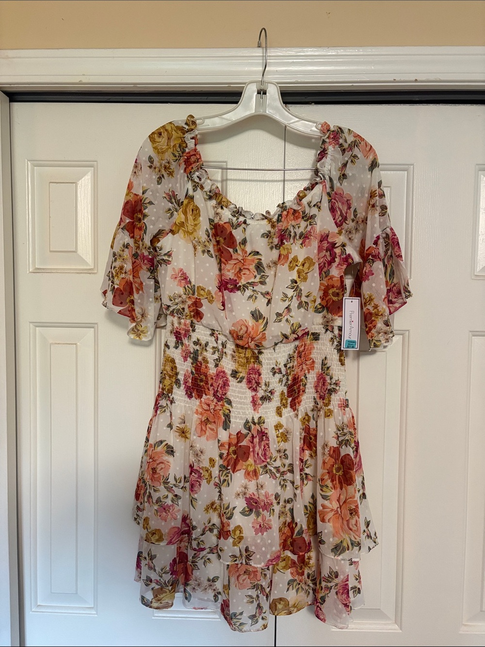 Floral Ruffled Smocked Mini Dress in Ivory and Rose